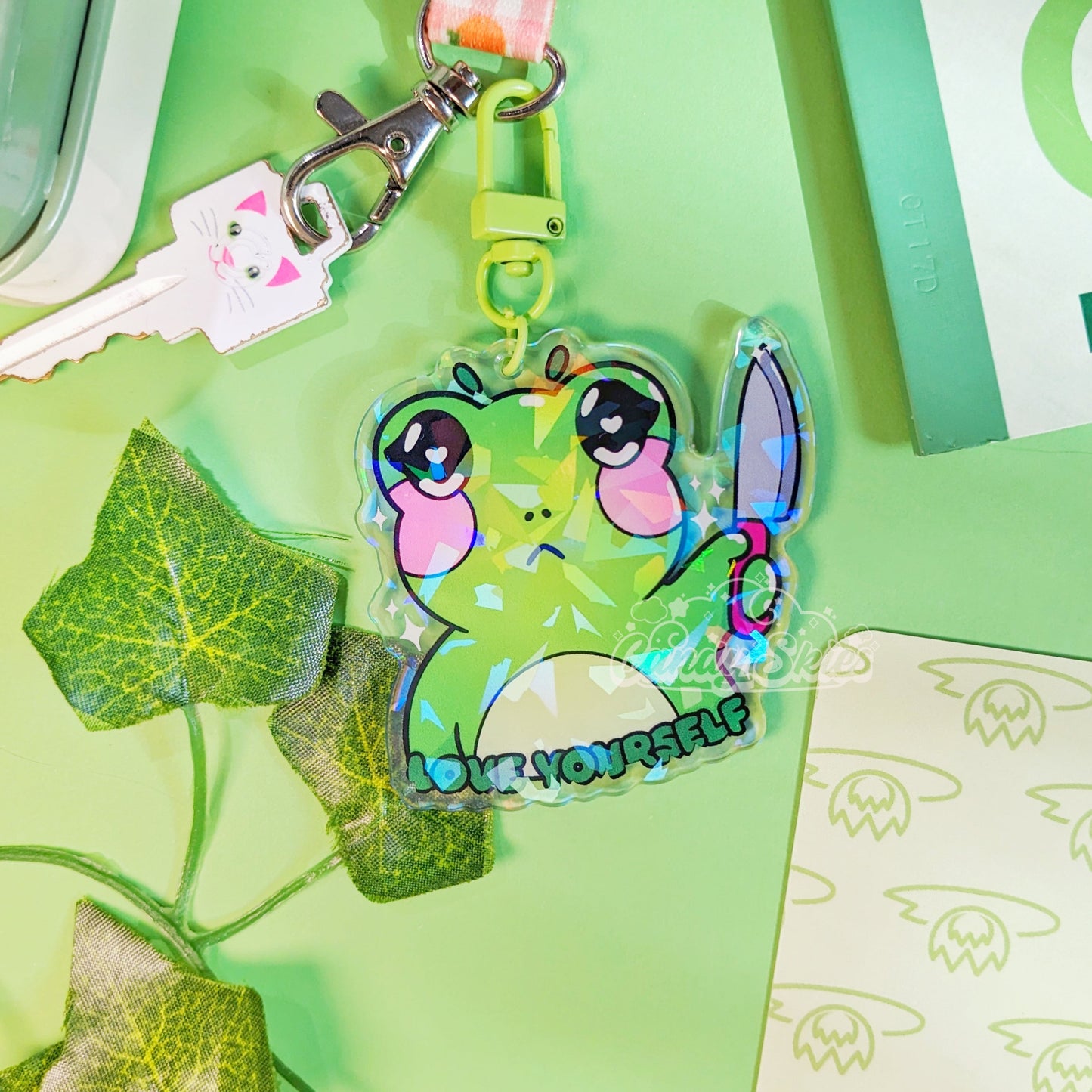 Love Yourself Threatening Frog Holographic Charm-Keychain-Candy Skies-Candy Skies
