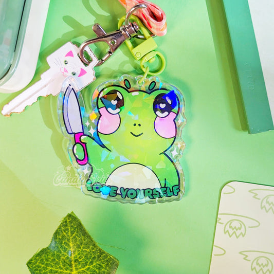 Love Yourself Threatening Frog Holographic Charm-Keychain-Candy Skies-Candy Skies