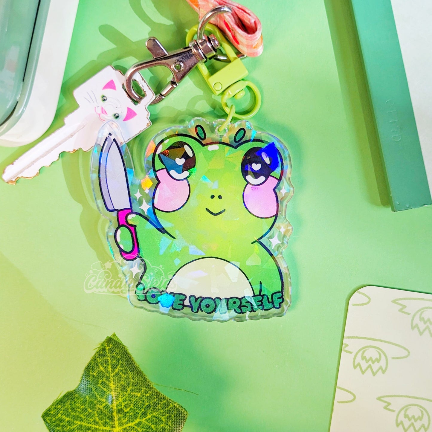 Love Yourself Threatening Frog Holographic Charm-Keychain-Candy Skies-Candy Skies