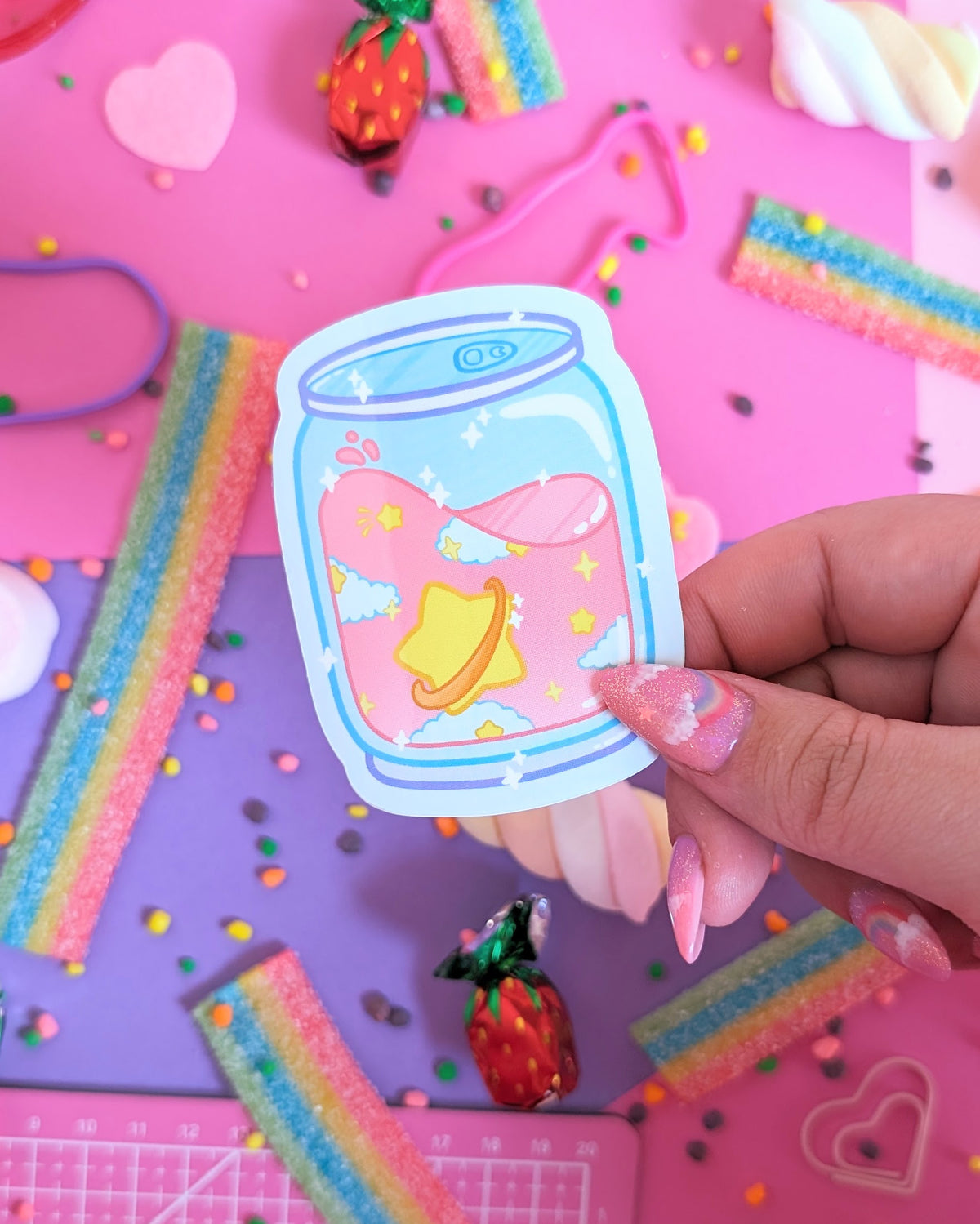 A hand with glittery pink nails holds a sticker of a soda can containing clouds and stars. The background is a colourful flatlay of pink and purple sheets decorated with candies.