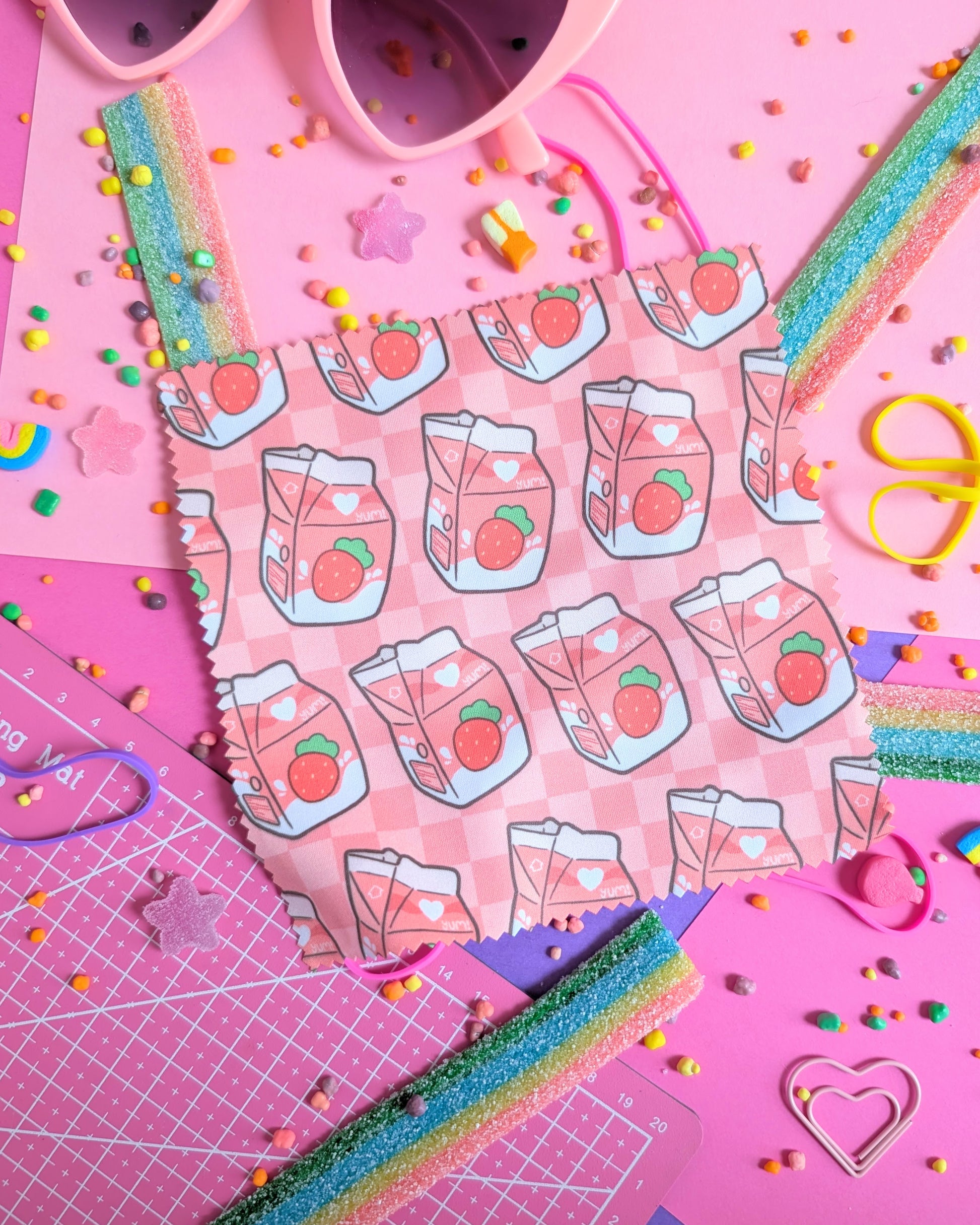 Lens wipe cloth with a strawberry milk pattern set against a pink and purple background filled with rainbow candies