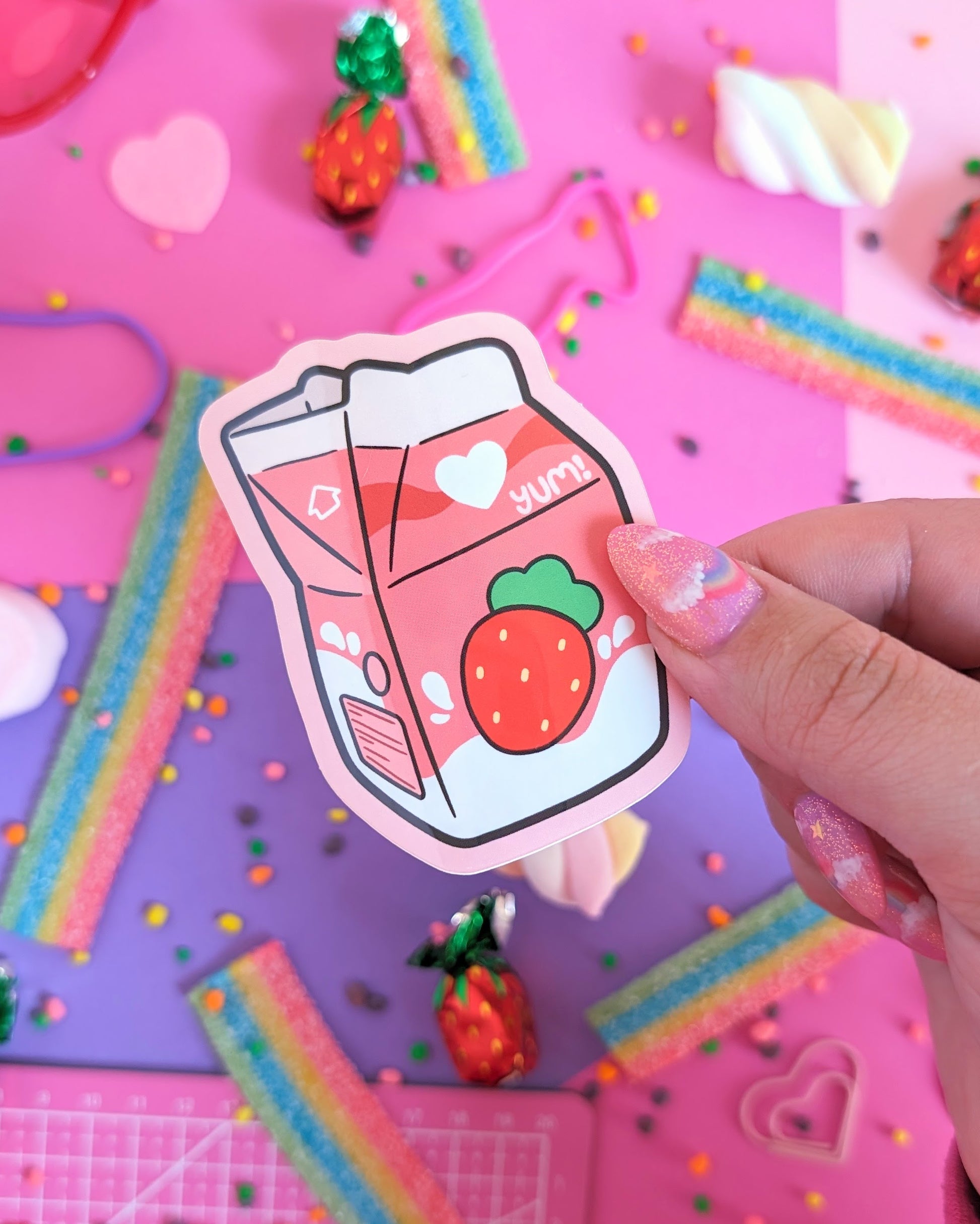 A hand with pastel pink nails holds a strawberry milk carton sticker against a colorful pink and purple background with candies scattered about.